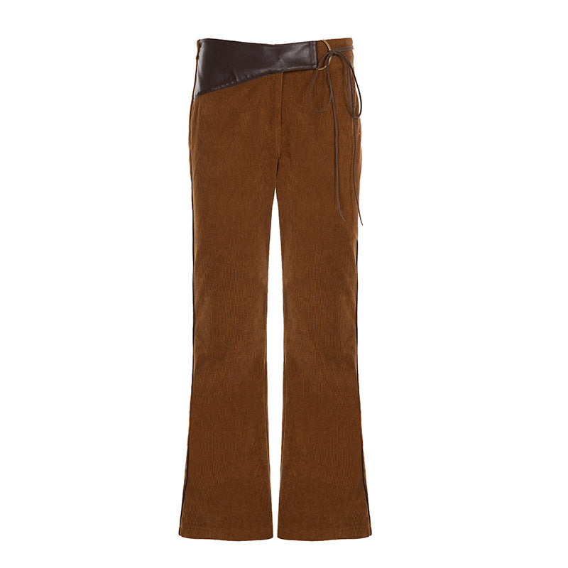 Damen nan ausgestellte Cordhose mit hohem Bund, Lederbesatz und Bindeband Shop Nory