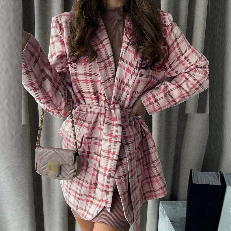 Damen Oversize karierter Mantelblazer mit Taillengürtel und aufgesetzten Taschen Shop Nory