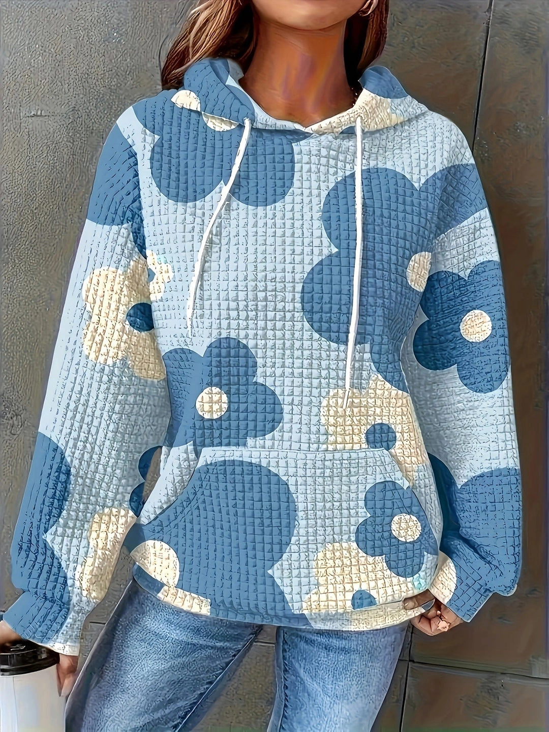 Damen lockerer Kapuzenpullover mit farbenfrohem Blumendesign