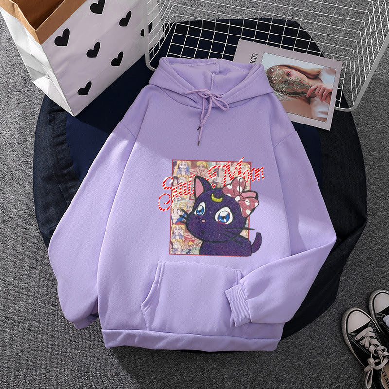 Damen nan Oversize-Kapuzenpullover mit glitzerndem Anime-Katzen-Motiv, Kängurutasche und weichem Fleece-Innenfutter Shop Nory
