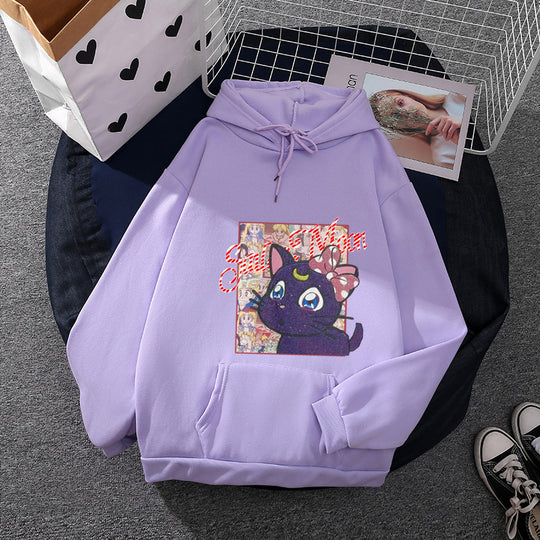 Damen nan Oversize-Kapuzenpullover mit glitzerndem Anime-Katzen-Motiv, Kängurutasche und weichem Fleece-Innenfutter Shop Nory