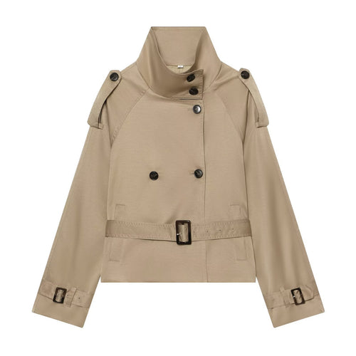 Damen Kurze taillierte Trenchjacke im Cape‑Look mit hohem Funnelkragen und Schnallenmanschetten Shop Nory