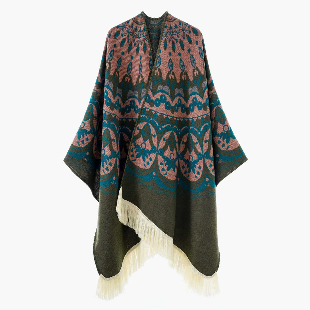 Damen Gewebter Jacquard-Poncho mit V-Ausschnitt, Ethno‑Print und Fransen Shop Nory