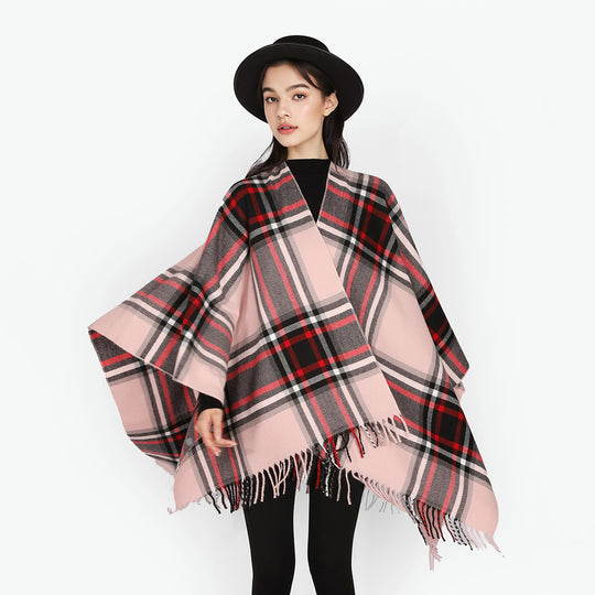 Damen Karierter Oversize-Überwurfponcho mit V-Ausschnitt und Fransensaum Shop Nory