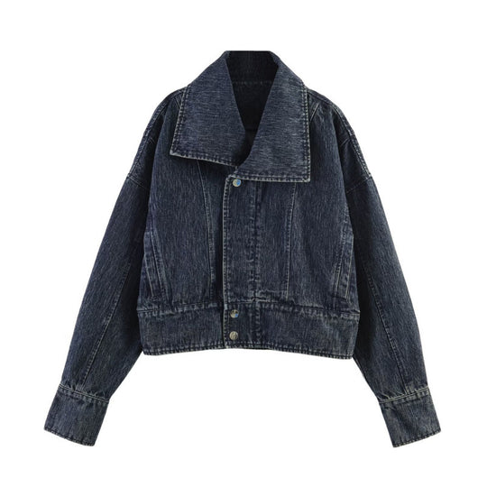 Damen oversized Cropped-Jeansjacke mit weitem Kragen Shop Nory