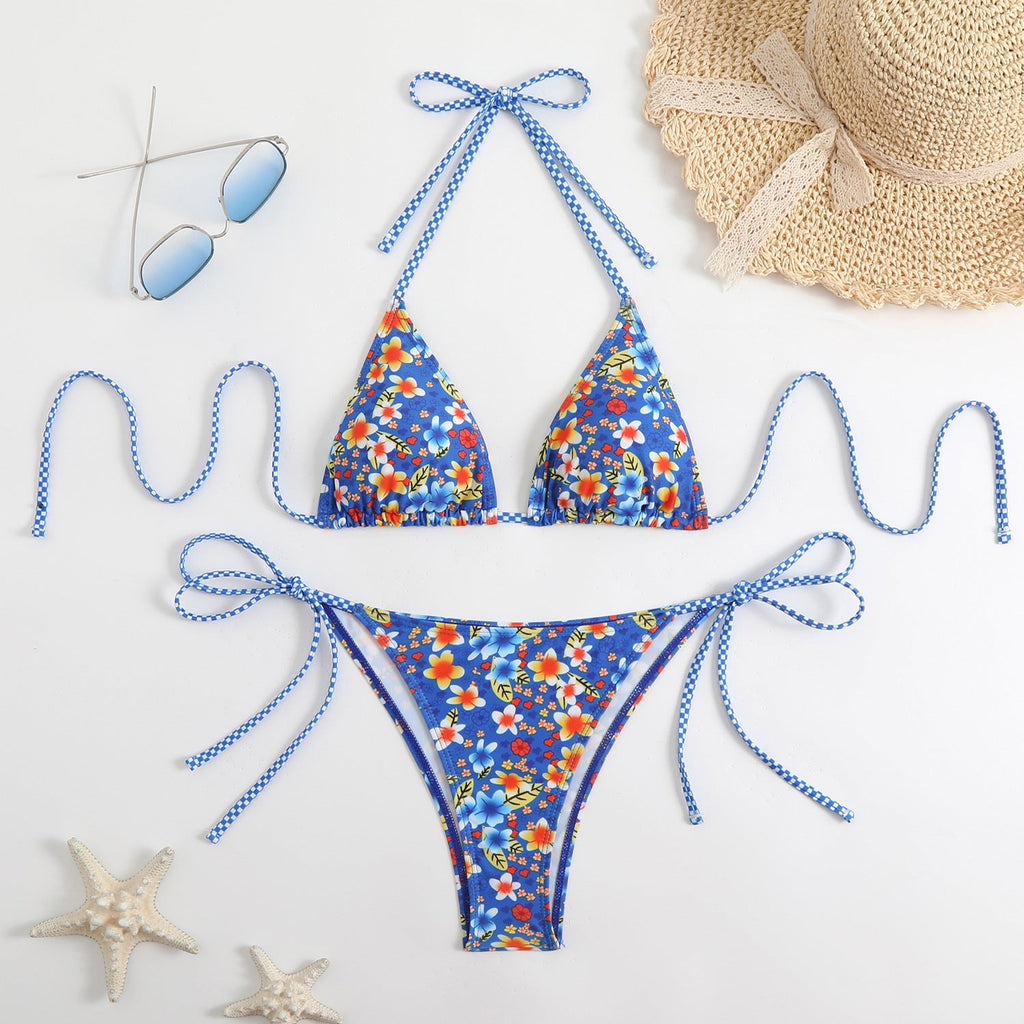Damen Triangel-Bikini-Set mit verspieltem Blumenmuster und feinen BindShopnoryändern