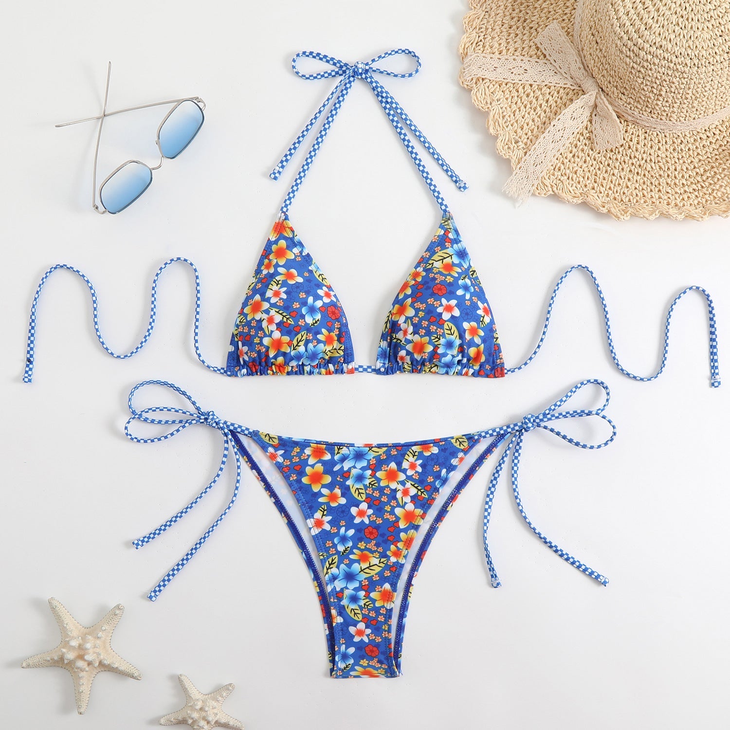 Damen Triangel-Bikini-Set mit verspieltem Blumenmuster und feinen BindShopnoryändern