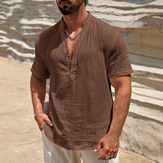 Herren Kurzarm Henley Hemd mit modernem Stehkragen aus leichtem Baumwollmaterial