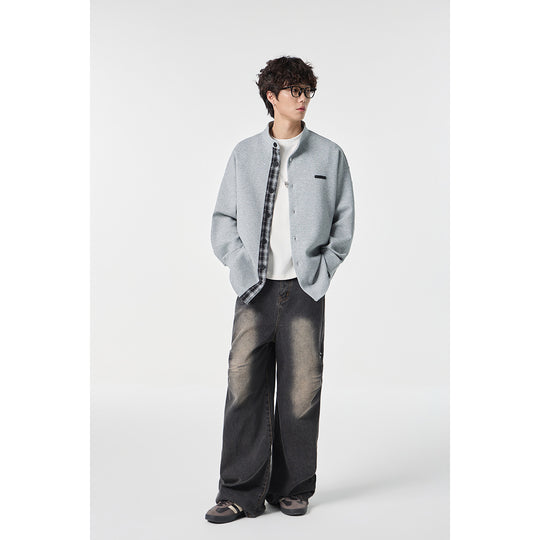 Unisex Oversize-Hemdjacke im Sweat-Overlay mit Stehkragen und karierter Innenmanschette Shop Nory