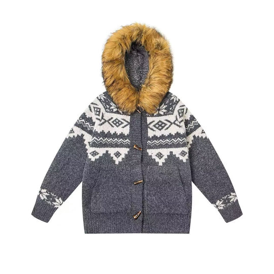 Damen Modische Strickjacke mit Kapuze und kunstfellbesetztem Kragen Shop Nory