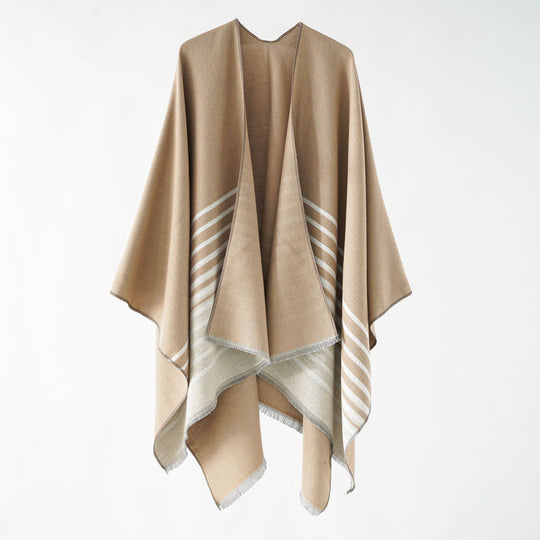 Damen Oversize-Ruana‑Überwurf aus Kaschmir‑Touch Wollmix mit Fransensaum und Streifendetail Shop Nory