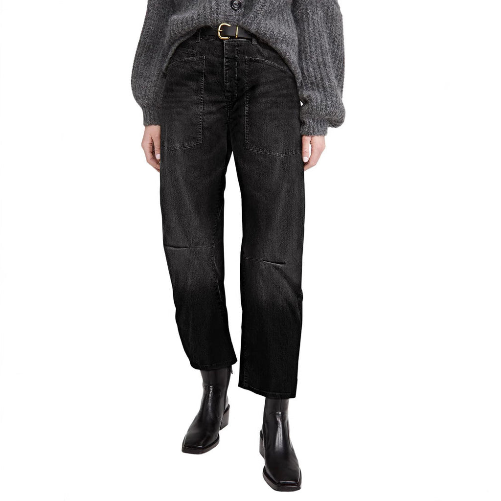 Damen halbhohe Denim-Hose mit einzigartigen aufgesetzten Taschen Shopnory