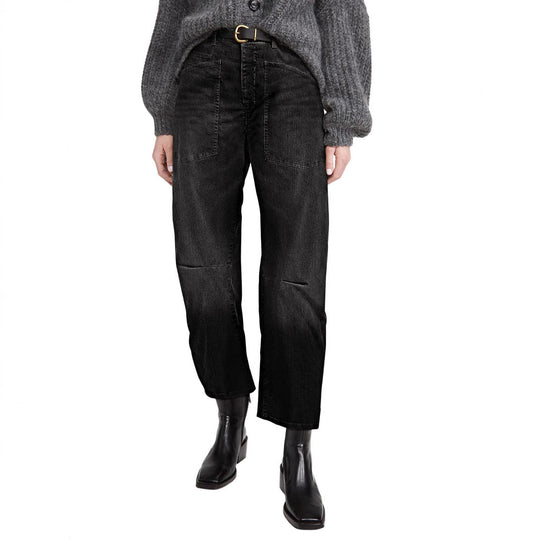 Damen halbhohe Denim-Hose mit einzigartigen aufgesetzten Taschen Shopnory