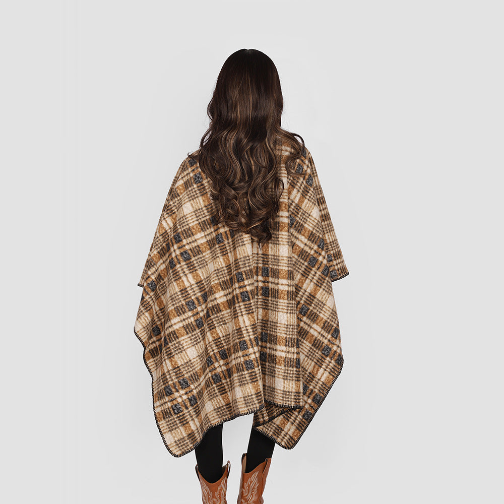 Damen Oversize-Karo-Cape aus weichem Wollmix mit kontrastierter Kettelnaht Shop Nory