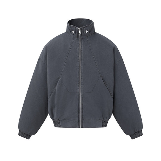 Unisex Boxy-Canvas-Blousonjacke mit hohem Stehkragen, diagonalem Nahtdesign und elastischem Saum Shop Nory