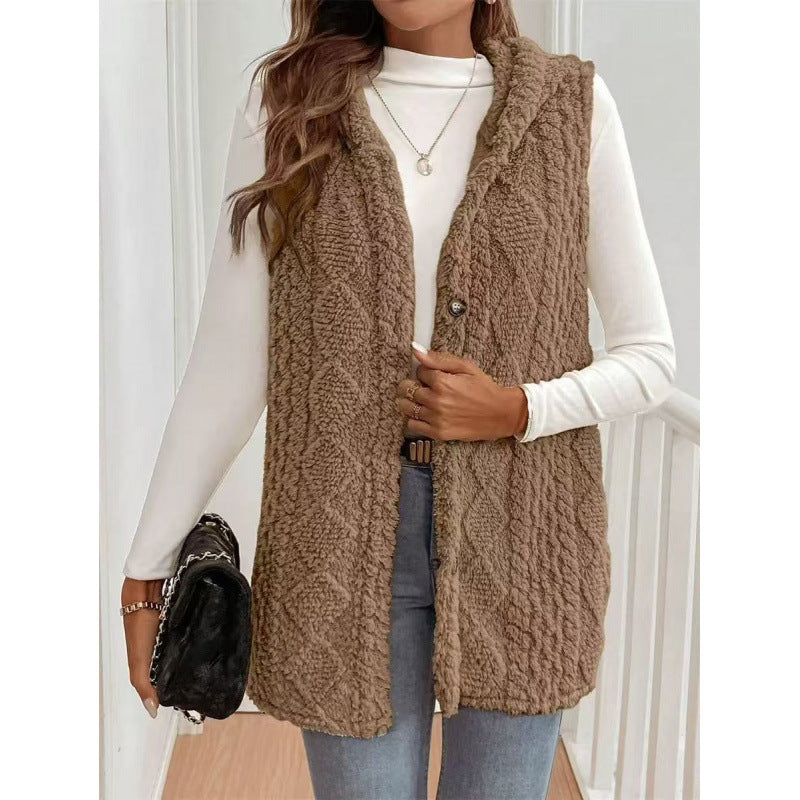 Damen Kapuzen-Teddyweste mit strukturiertem Zopfmuster und dekorativer Knopfleiste Shop Nory