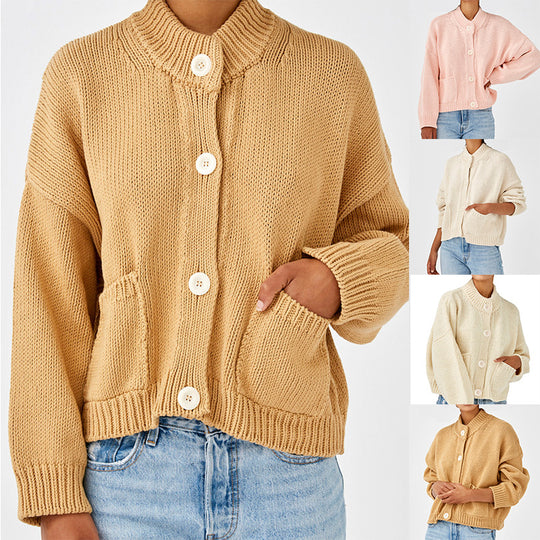 Damen Kurzer Boxy-Cardigan aus Grobstrick mit hoher Knopfleiste und Eingrifftaschen Shop Nory