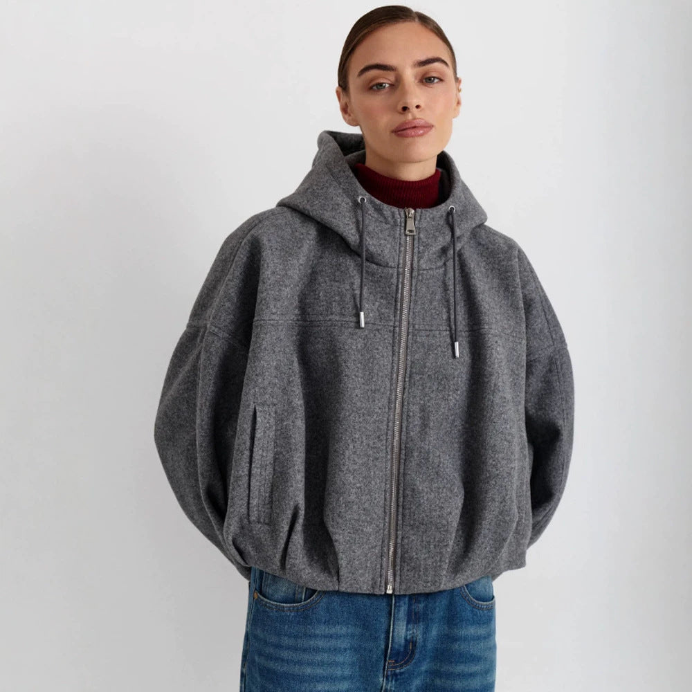 Damen Kurzjacke aus Wollmix mit Kapuze, kastiger Boxy‑Silhouette & gerafftem Saum Shop Nory