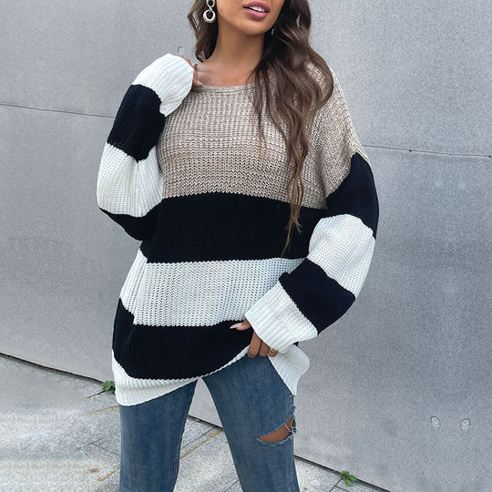Damen Oversize-Blockstreifen-Pullover aus grobem Strick mit weitem Schnitt Shop Nory