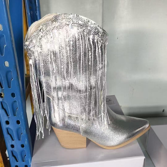 Damen kniehohe Fransen-Cowboystiefel mit feiner Perlenfransen-Verzierung und geformtem Blockabsatz Shop Nory