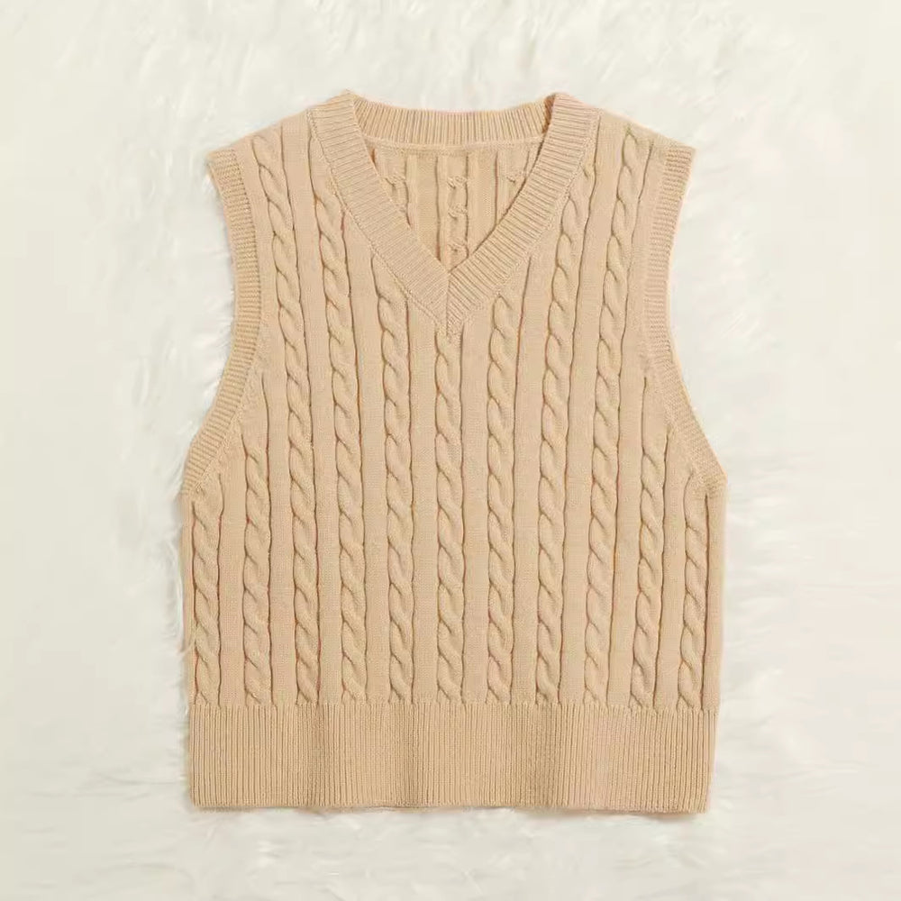 Damen Gestrickte ärmellose Zopfmuster-Pulloverweste mit V-Ausschnitt Shop Nory