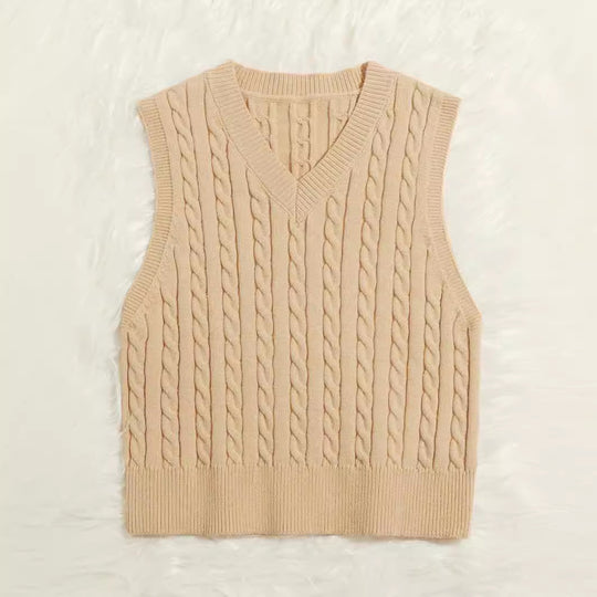Damen Gestrickte ärmellose Zopfmuster-Pulloverweste mit V-Ausschnitt Shop Nory