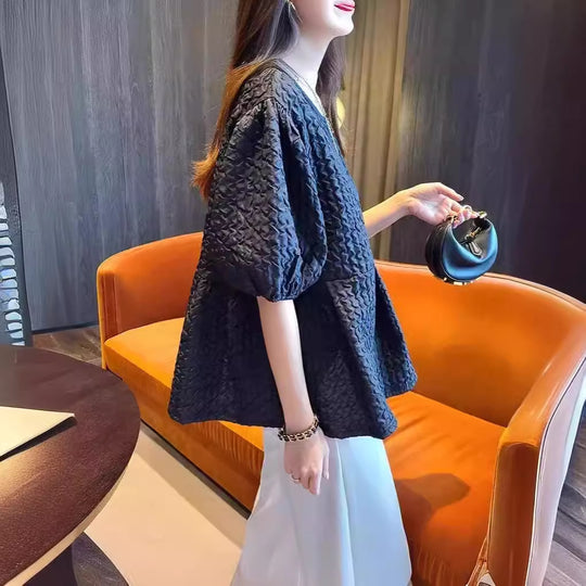 Damen Überweite Strukturierte Tunika-Bluse mit Ballonärmeln Shop Nory