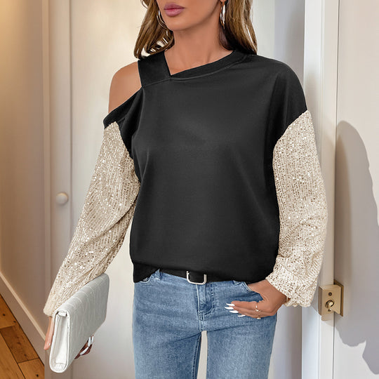Damen Asymmetrisches Sweatshirt mit Schulterauschnitt und Paillettenstrickärmeln Shop Nory