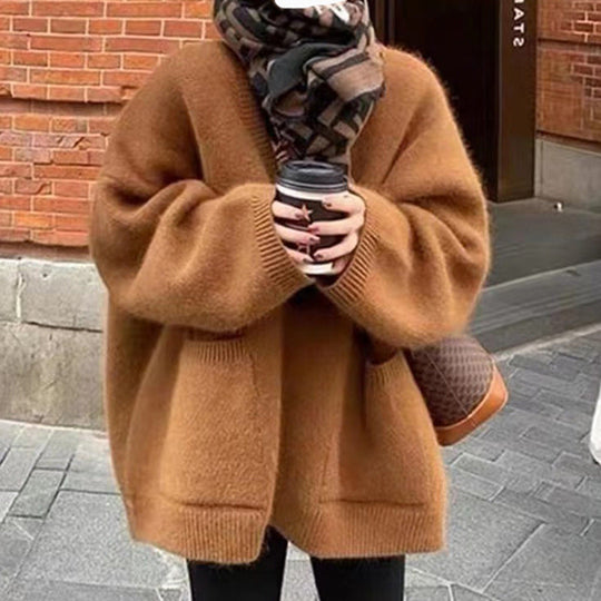 Strickjacke Übergröße Passform Weiche Wollmischung Tiefer V-Ausschnitt Taschen Lange Länge