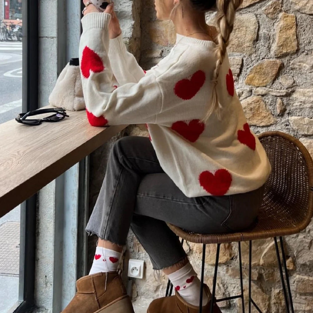 Damen Oversize Rundhalspullover mit Herz-Jacquard und gerippten Säumen Shop Nory