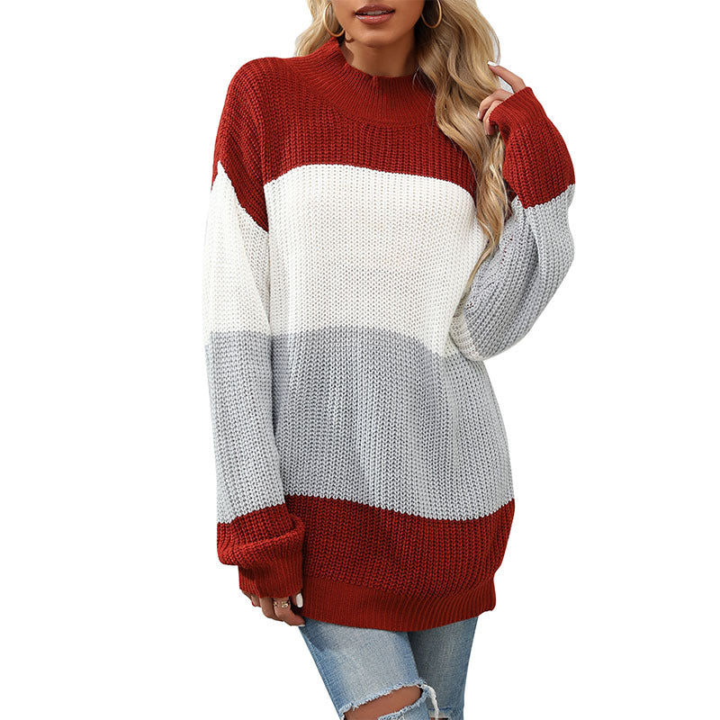 Damen Strickpullover mit Blockstreifen und Stehkragen Shop Nory
