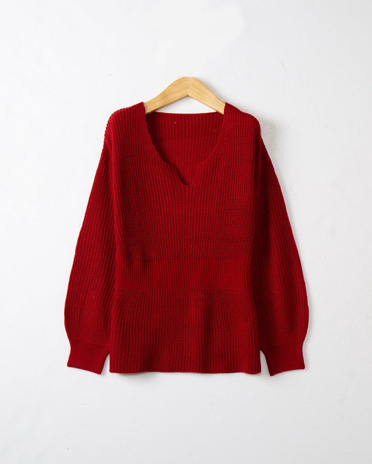 Damen Lockerer Feinstrick-Pullover mit V-Notch-Ausschnitt, Tailliertem Rippbund und Ballonärmeln Shop Nory