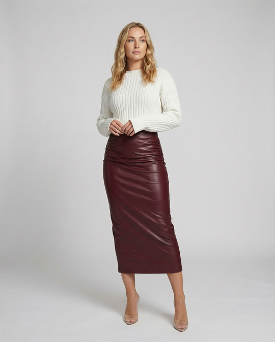 Damen Midi-Rock aus hochwertigem Leder mit Raffung