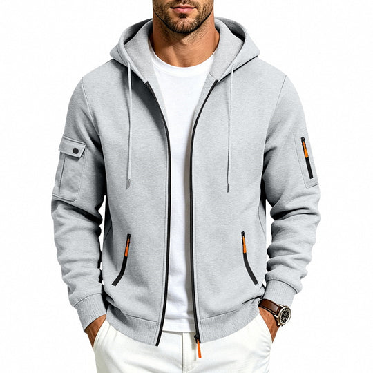 Herren Kapuzen-Reißverschlussjacke mit Ärmeltaschen, Kontrast-Zipper und Rippbündchen Shop Nory