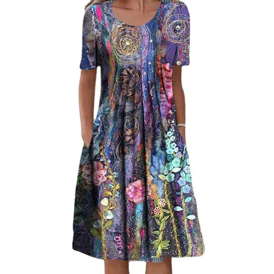 Frauen Mehrfarbige A-Linien Midi Kleid mit Taschen und Abstraktem Blumenmuster Shop Nory
