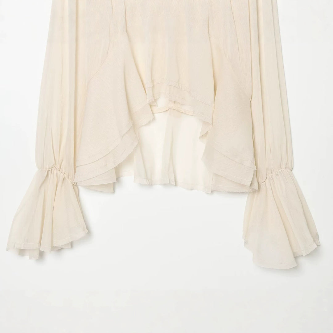 Damen Transparente Chiffonbluse mit Volant-Rücken und Glockenärmeln Shop Nory