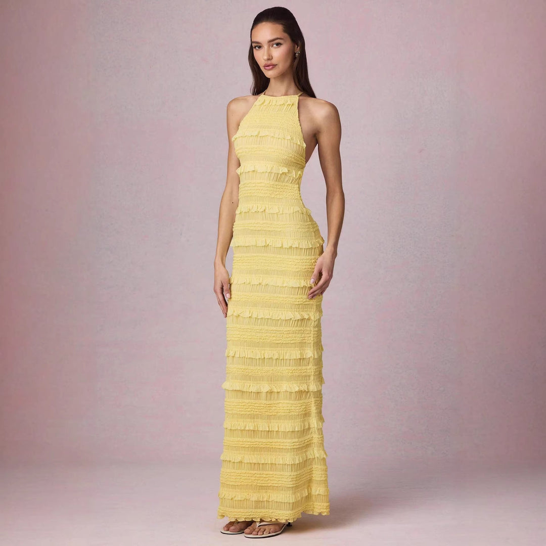 Damen Maxi-Kleid mit fransendem Design und elegantem Halterneck