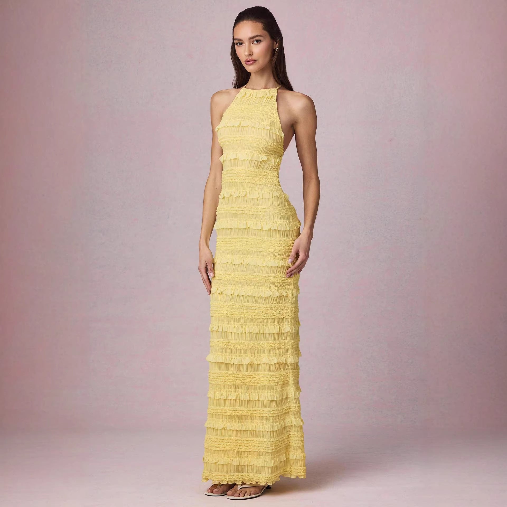 Damen Maxi-Kleid mit fransendem Design und elegantem Halterneck
