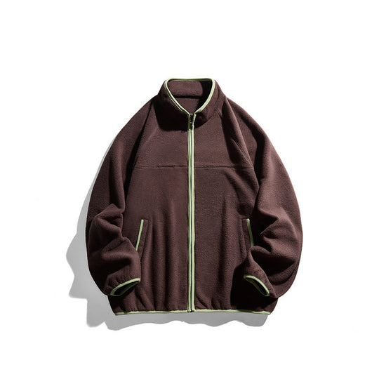 Unisex Fleecejacke mit durchgehendem Reißverschluss im Oversize-Boxy-Schnitt, Stehkragen und Kontrastpaspel Shop Nory
