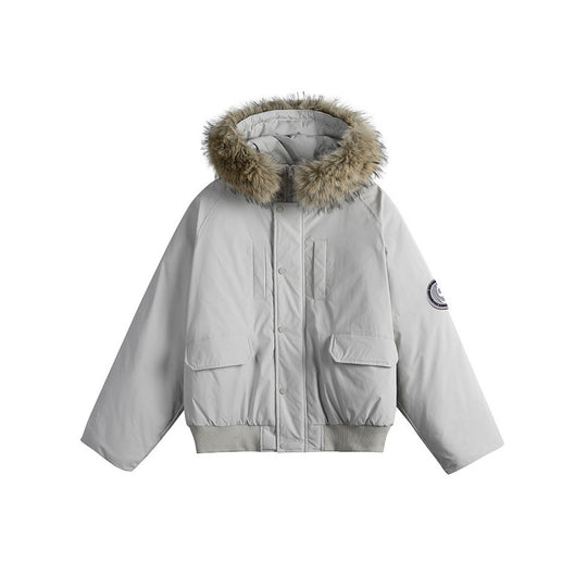 Damen Kurz-Bomberjacke mit Thermowattierung, Kapuze mit abnehmbarem Kunstfell und Utility-Taschen Shop Nory