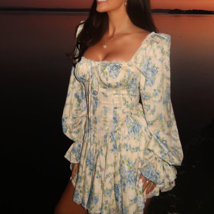 Damen Korsagen-Minikleid mit Puffärmeln, quadratischem Ausschnitt und stufigem Volantrock Shop Nory