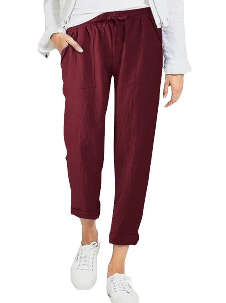 Damen entspannte Leinenhose mit elastischem Bund und praktischen Taschen