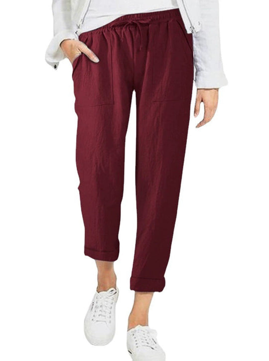 Damen entspannte Leinenhose mit elastischem Bund und praktischen Taschen