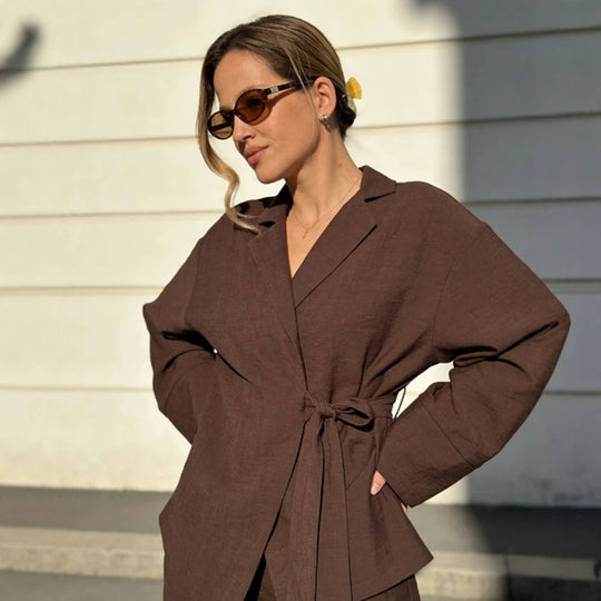 Damen Wickel-Blazer mit Bindegürtel, lässigem Oversize‑Schnitt und Reverskragen Shop Nory