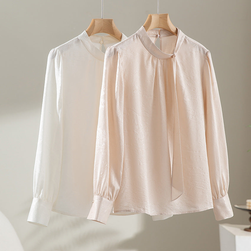 Damen Elegante Satin-Bluse mit Schluppe und feiner Jacquard-Struktur Shop Nory