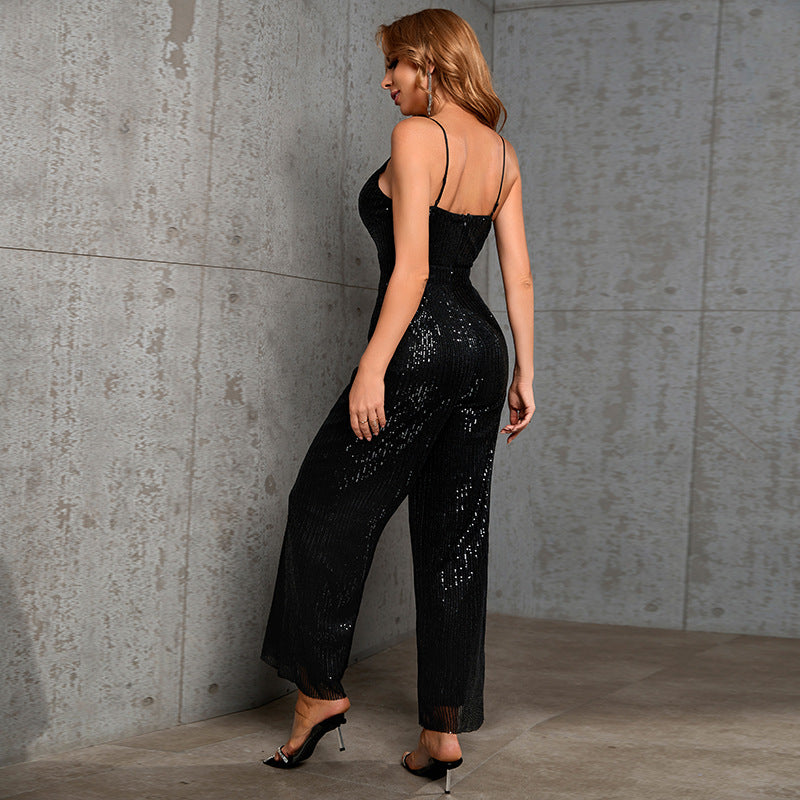 Damen Glitzernder Jumpsuit mit tiefem V-Ausschnitt und weitem Beinschnitt