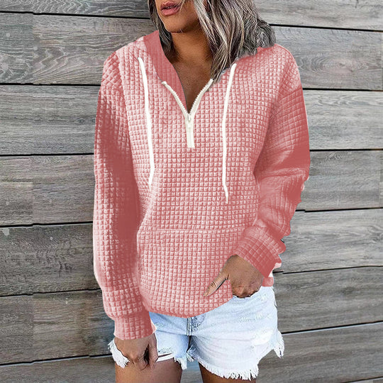 Damen Waffelstruktur Kapuzenpullover mit Halbzip, Kängurutasche und lässigem Oversize‑Schnitt Shop Nory
