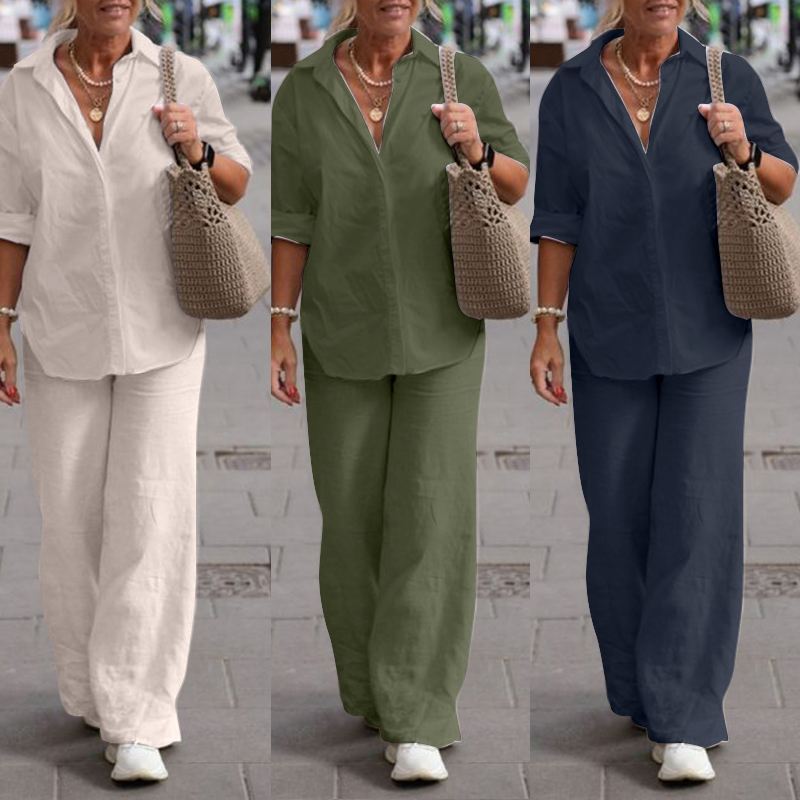 Damen Leichtes Leinen-Optik Zweiteiler mit Oversize-Hemd und weiter Palazzohose Shop Nory