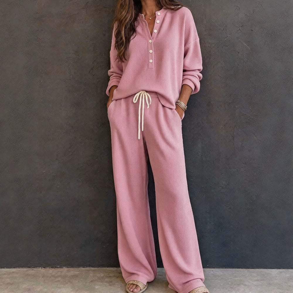 Damen Waffelstrick-Loungewear-Set mit Henley-Oberteil und weiter Kordelbundhose Shop Nory