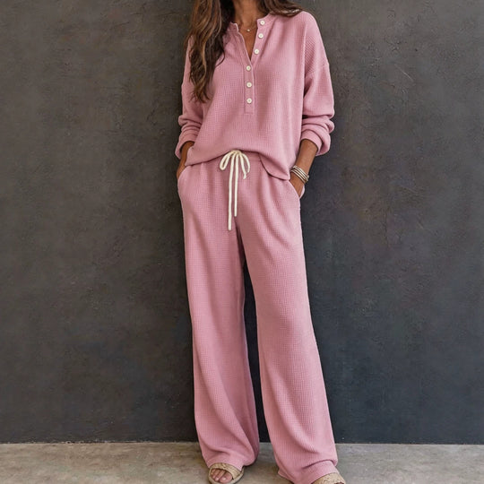 Damen Waffelstrick-Loungewear-Set mit Henley-Oberteil und weiter Kordelbundhose Shop Nory